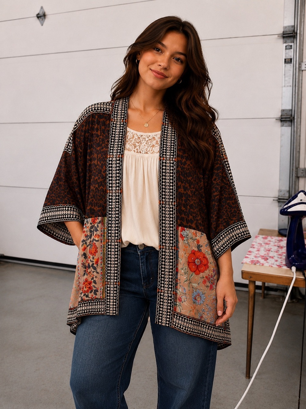 John Mark Mixed Print Open Front Jacket in Brown and Black